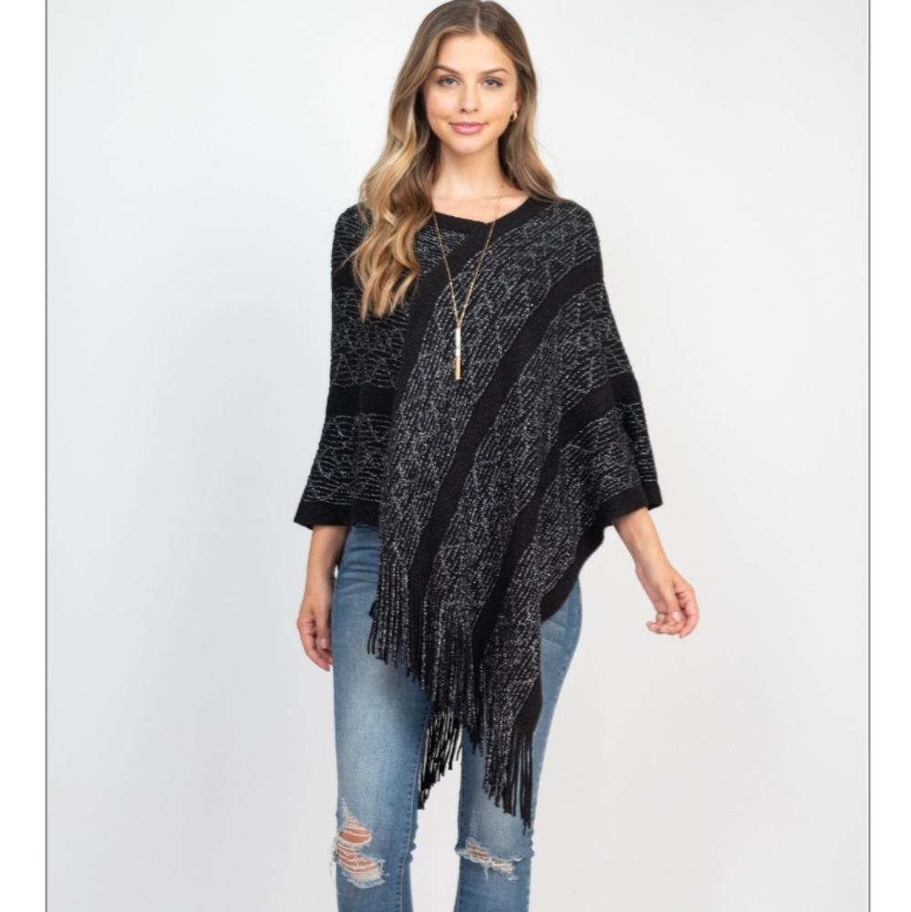 New! Ladies Black & Silver Metallic Poncho